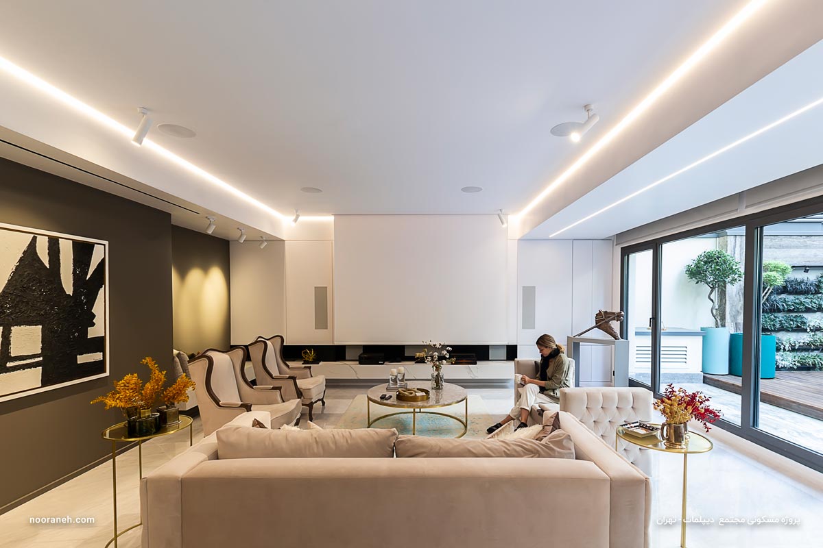 نورپردازی اتاق نشیمن، پروژه مسکونی دیپلمات، نورانه